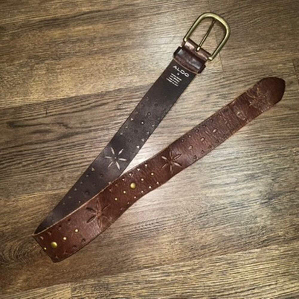 ALDO Boho Brown Leather Cutout Studded Belt M Brass Buckle